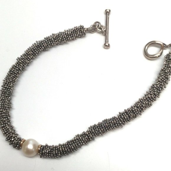 Michael Dawkins Sterling and 14K Granulated and Cultured Pearl Toggle Bracelet - Picture 6 of 8